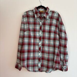 Wrangler Snap Front Long Sleeve Plaid Top Red Blue Western Rodeo Ranch XL